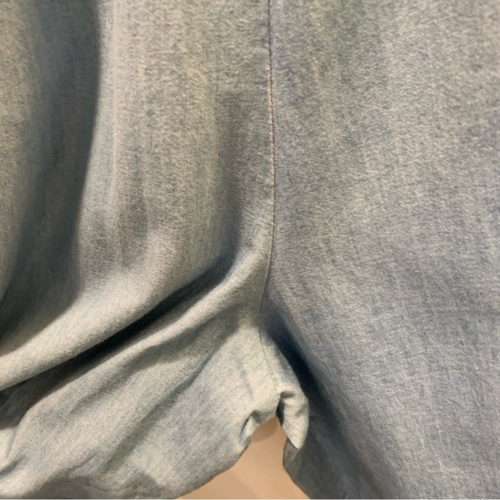 Small. Thin blue jean/ chambray jumpsuit. Embroidered top. - Picture 10 of 14